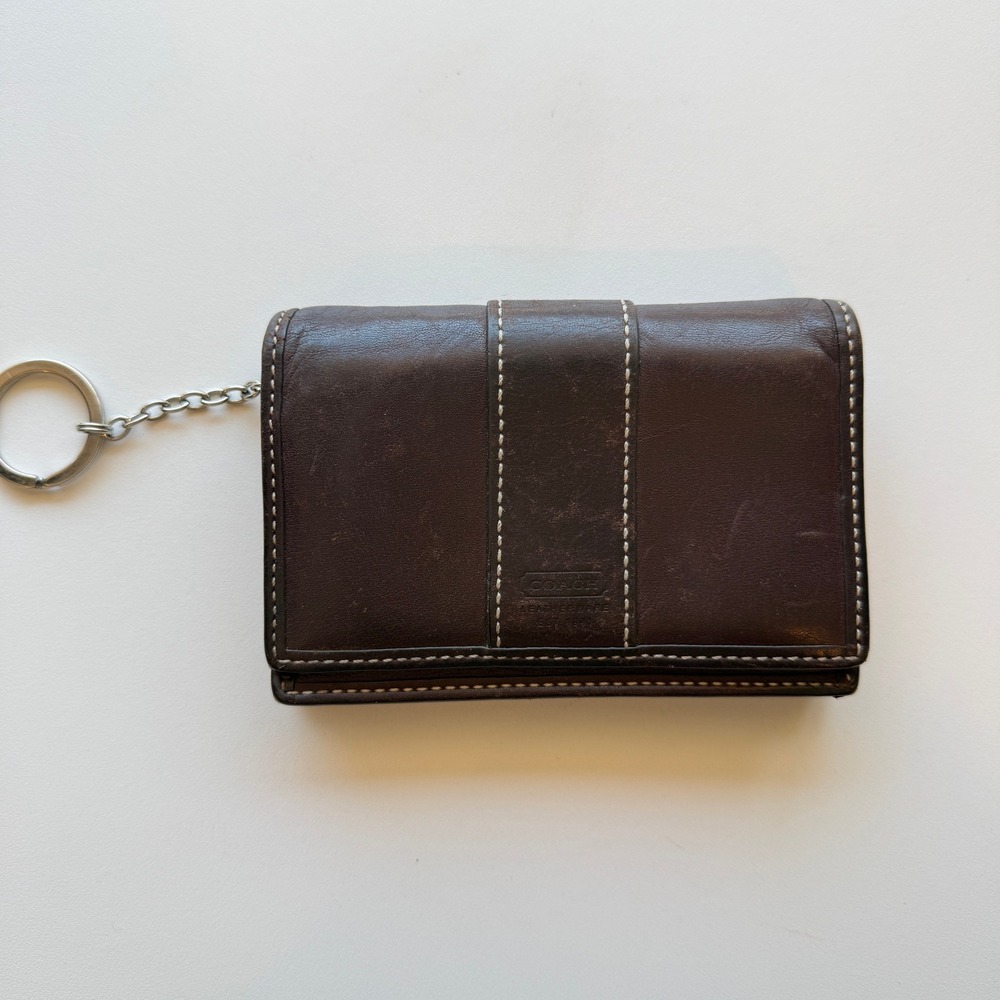Coach Vintage Dark Brown Leather Mini Tri-Fold Wallet Keychain Coin Purse Zipper